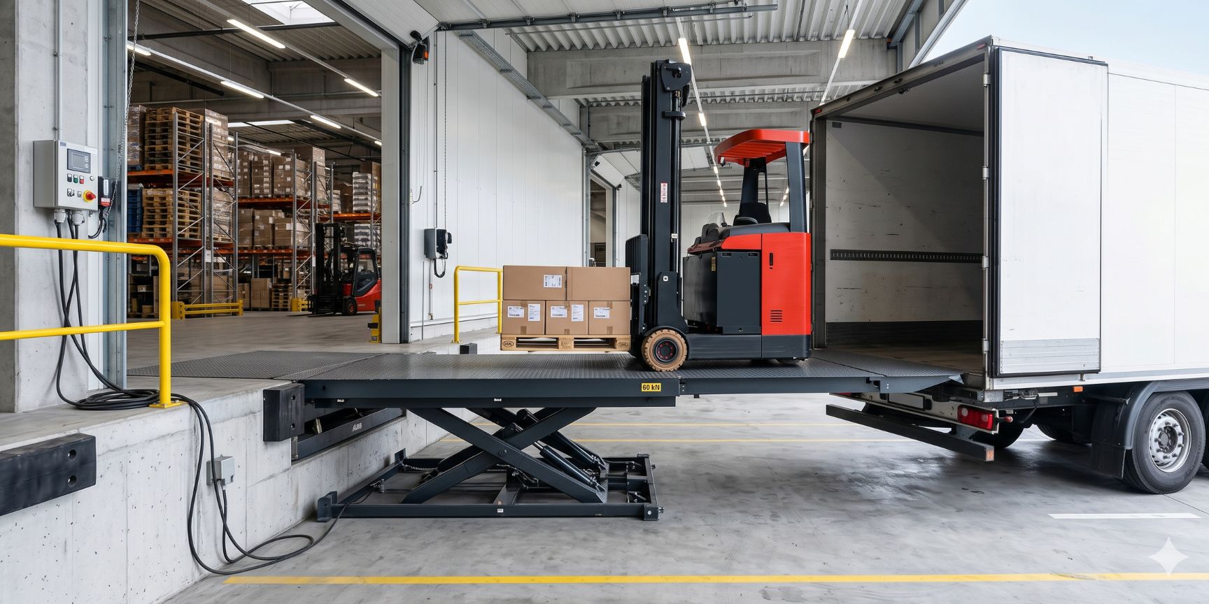 Eine detaillierte Ansicht einer hydraulischen Vorschubbrücke mit ausgezogener Teleskoplippe, die nahtlos auf der Ladefläche eines Lkw aufliegt. Ein Gabelstapler fährt darüber, um Waren in einer Logistikimmobilie zu verladen.